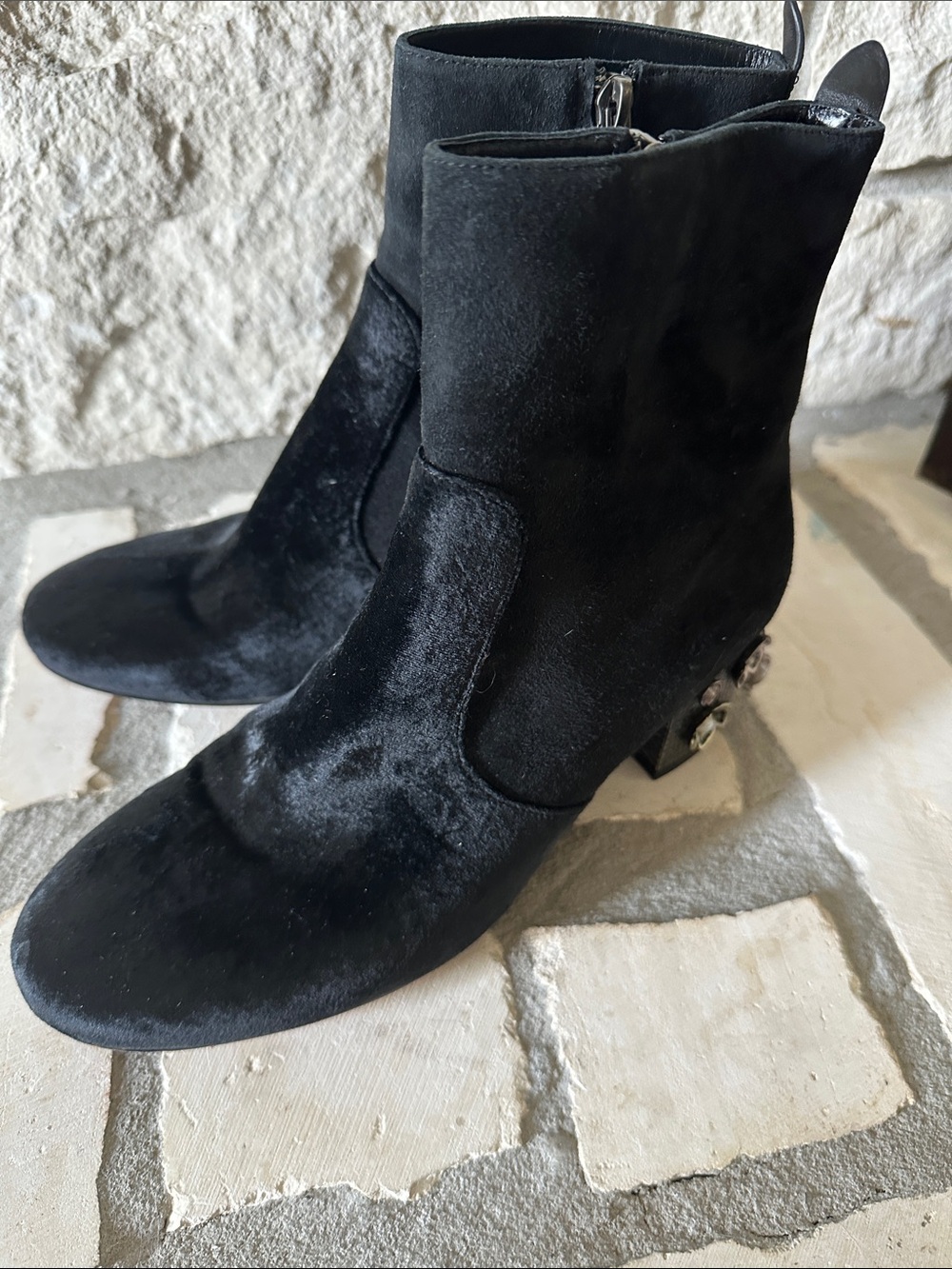 Coach Black Velvet Ankle Booties with Decorative Heel Hardware